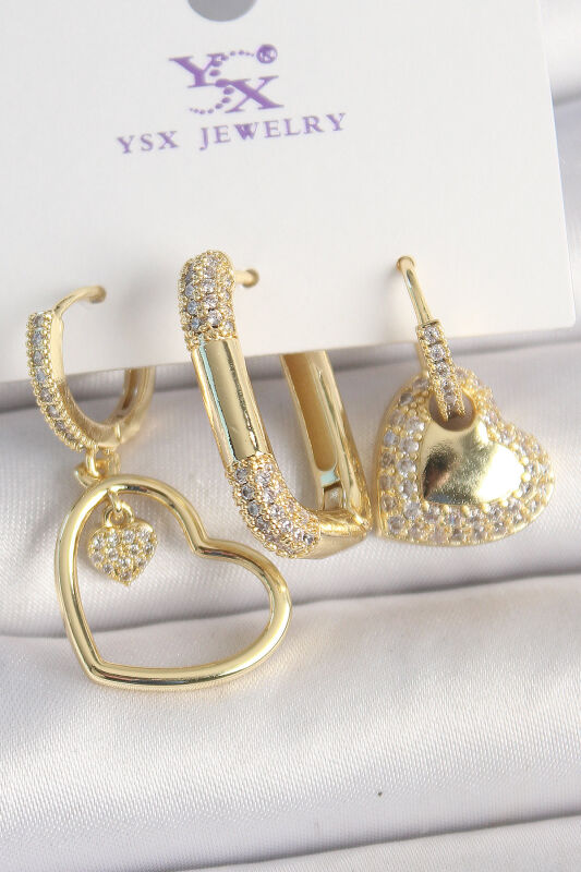 Pirinç Gold Renk Zirkon Taşlı Sallantı Kalp Model 3'Lü Kadın Kombin Küpe - EBJ250501W33131 - 1