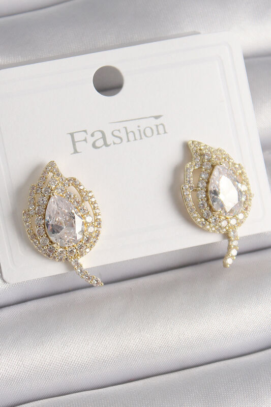 Pirinç Gold Renk Zirkon Taşlı Yaprak Model Kadın Küpe - EBJ241228W30246 - 1