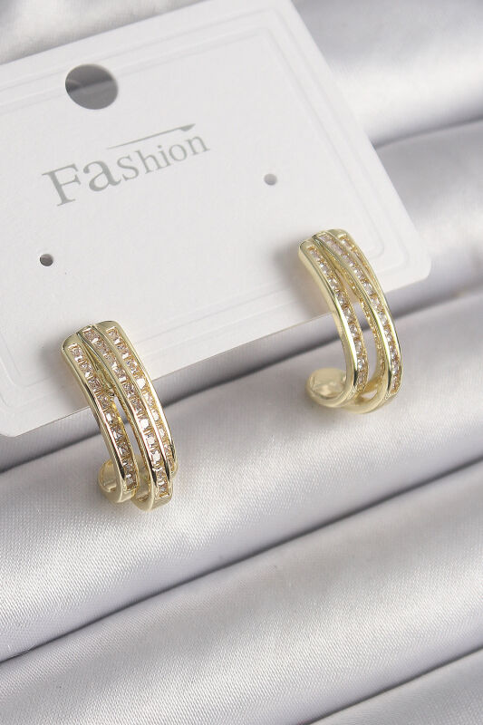 Pirinç Gold Renk Zirkon Taşlı Yarım Halka Model Kadın Küpe - EBJ250113W30499 - 1