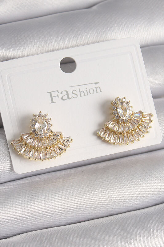Pirinç Gold Renk Zirkon Taşlı Yelpaze Model Kadın Küpe - EBJ241228W30216 - 1