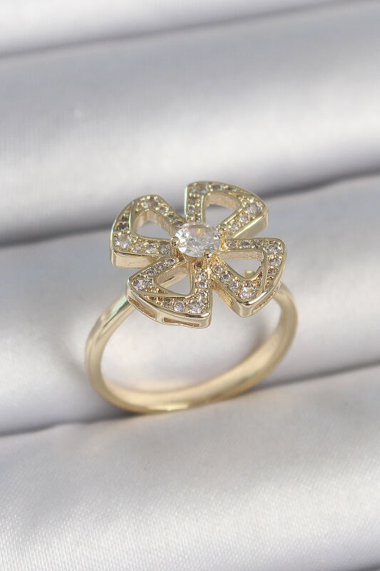 Pirinç Gold Renk Zirkon Taşlı Yonca Model Ayarlanabilir Kadın Yüzük - EBJ250501W33613 - 1