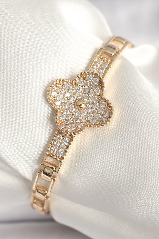 Pirinç Gold Renk Zirkon Taşlı Yonca Model Kadın Bileklik - EBJ250308W31953 - 1