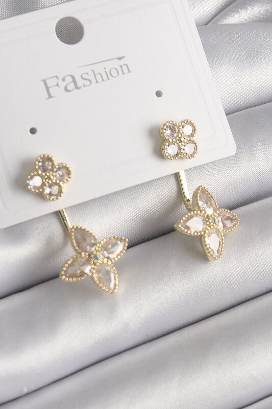 Pirinç Gold Renk Zirkon Taşlı Yonca Model Kadın Küpe - EBJ250113W30489 - 1