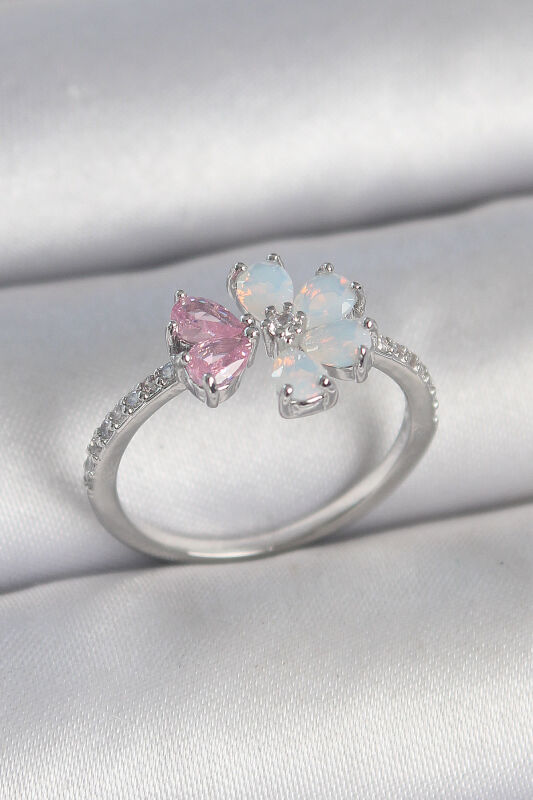 Pirinç Gümüş Renk Beyaz Mineli Pembe Zirkon Taşlı Çiçek Model Kadın Yüzük - EBJ250501W33602 - 1