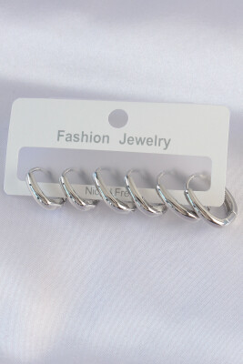 Pirinç Gümüş Renk Oval Küpe Seti - EBJ240601W24774 - 1