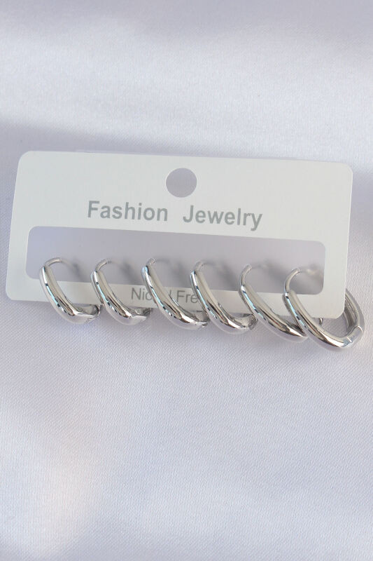 Pirinç Gümüş Renk Oval Küpe Seti - EBJ240601W24774 - 1