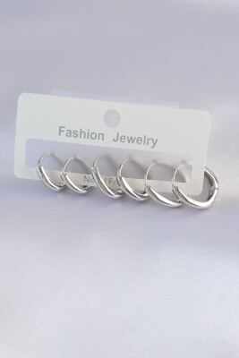 Pirinç Gümüş Renk Oval Küpe Seti - EBJ240601W24774 - 2