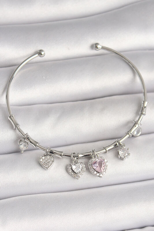 Pirinç Gümüş Renk Sallantı Pembe Zirkon Taşlı Kalp Model Charm Kadın Bileklik - EBJ250501W33503 - 1