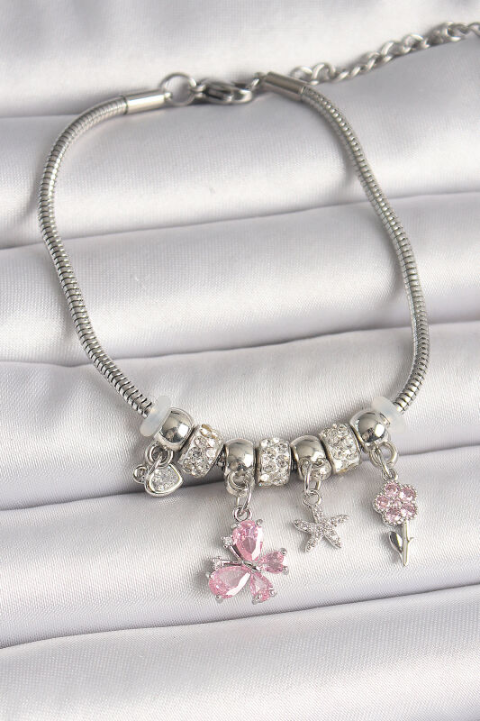 Pirinç Gümüş Renk Sallantı Pembe Zirkon Taşlı Kelebek Figür Çiçek Detay Charm Kadın Bileklik - EBJ250501W33507 - 1