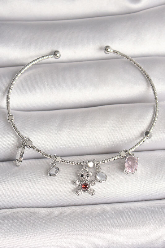 Pirinç Gümüş Renk Sallantı Zirkon Taşlı Ayıcık Figür Kırmızı Taş Detay Charm Kadın Bileklik - EBJ250501W32834 - 1