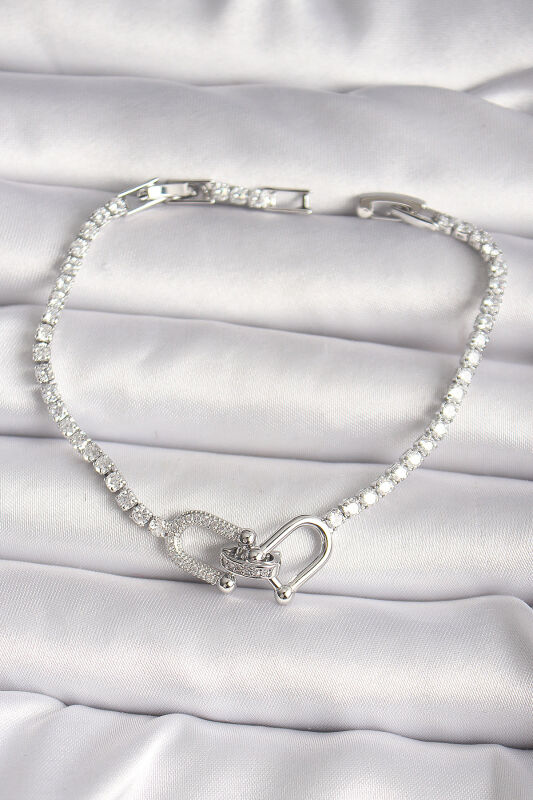 Pirinç Gümüş Renk Su Yolu Zirkon Taşlı Tiffany Model Kadın Bileklik - EBJ250118W30706 - 1