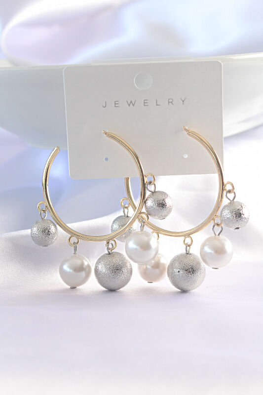 Pirinç Gümüş Renk Topçuk Model Gold Renk Halka Küpe - EBJ240601W24518 - 1