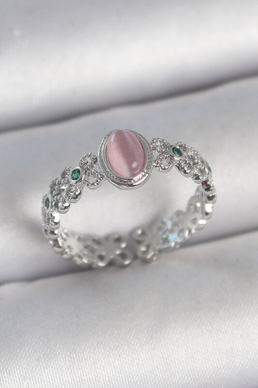 Pirinç Gümüş Renk Zirkon Taş Detaylı Pembe Mineli Damla Model Ayarlanabilir Kadın Yüzük - EBJ250501W33618 - 1
