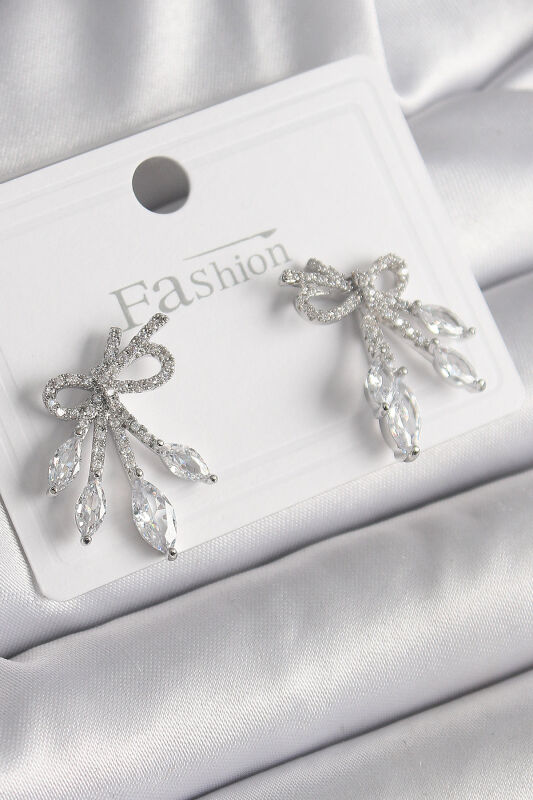 Pirinç Gümüş Renk Zirkon Taşlı Düğüm Model Damla Zirkon Taşlı Kadın Küpe - EBJ250113W30494 - 1