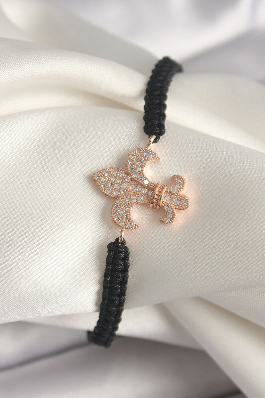 Pirinç Rose Renk Zirkon Taşlı Zambak Model Asansörlü Makrome Model Kadın Bileklik - EBJ250301W31657 - 1