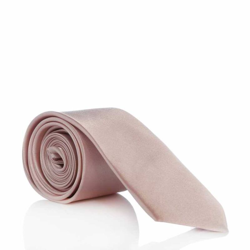 Pudra Pembe Slim Fit (ince) Düz Renk Mendilli Saten Kravat - SS-39__ - 1