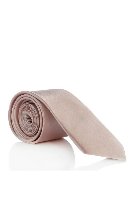 Pudra Pembe Slim Fit (ince) Düz Renk Mendilli Saten Kravat - SS-39-N - 1