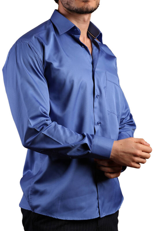 Saks Mavi Büyük Beden Rahat Kesim Micro Kumaş Kol Düğmeli Regular Fit Erkek Gömlek - 190-14 - 1