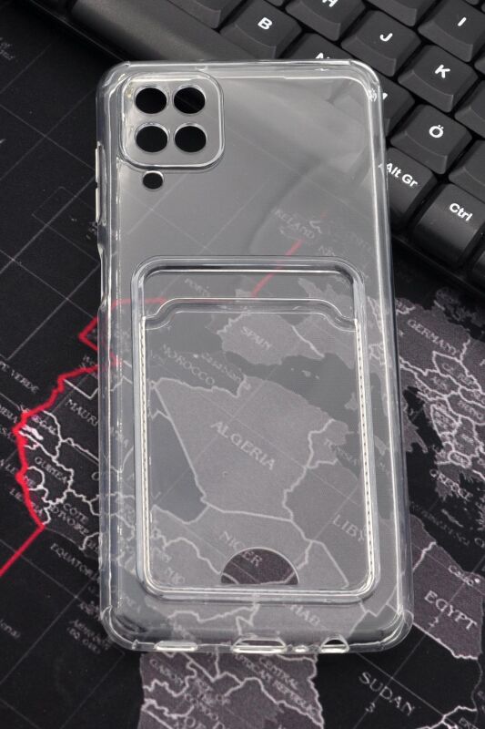 Samsung A12 Uyumlu Kredi Kartlıklı Şeffaf Kılıf Kamera Korumalı - 1