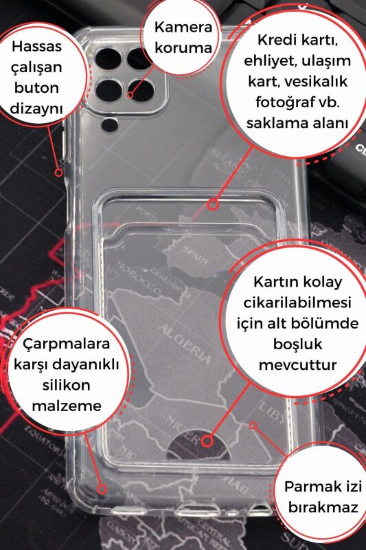 Samsung A12 Uyumlu Kredi Kartlıklı Şeffaf Kılıf Kamera Korumalı - 2