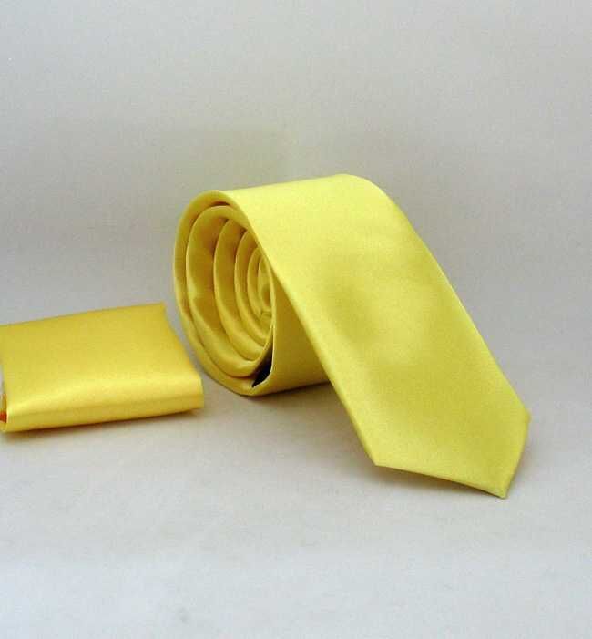 Sarı Slim Fit (ince) Düz Renk Mendilli Saten Kravat - SS-08 - 1