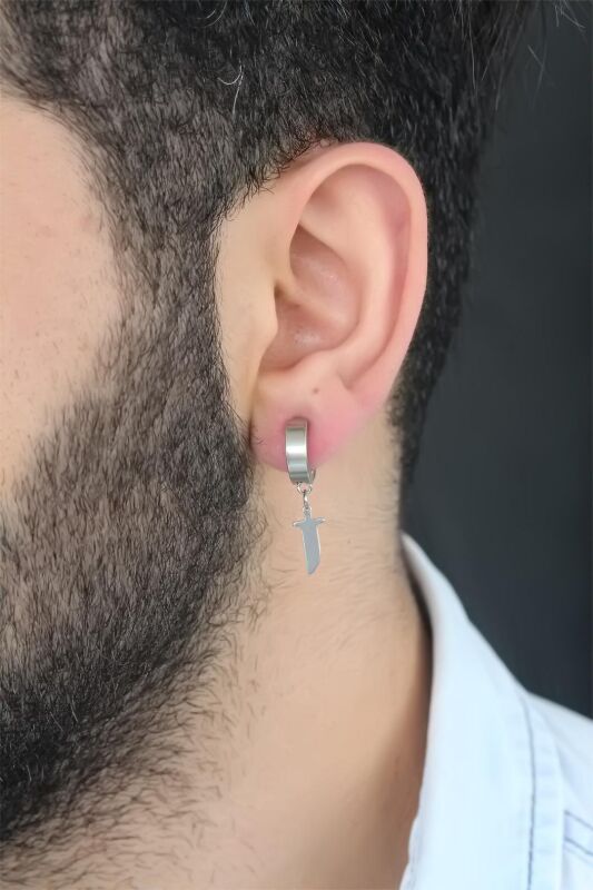 Silver Renk Kaplama Kılıç Figürlü Çelik Kıstırmalı Erkek Küpe - EBJ250501W33283 - 1