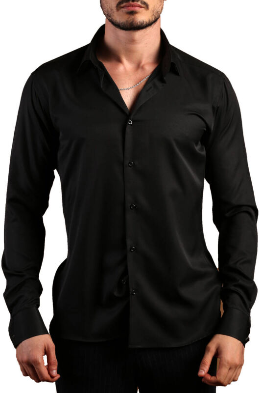 Siyah 8 Drop Ekstra Uzun Kol Dar Kesim Micro Kumaş Kol Düğmeli Slim Fit Erkek Gömlek - 197-6 - 1