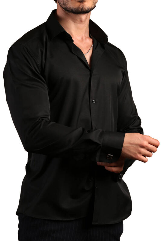 Siyah 8 Drop Ekstra Uzun Kol Dar Kesim Micro Kumaş Kol Düğmeli Slim Fit Erkek Gömlek - 197-6 - 2