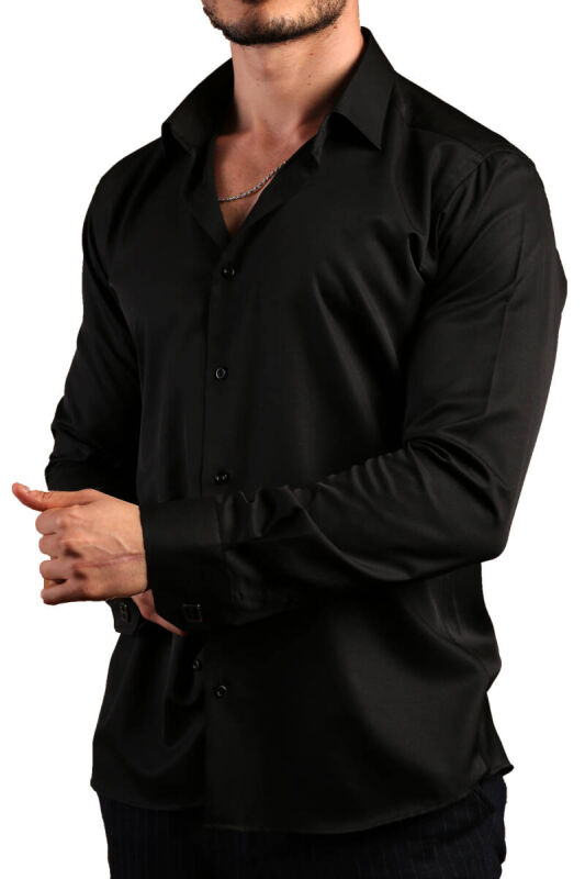 Siyah 8 Drop Ekstra Uzun Kol Dar Kesim Micro Kumaş Kol Düğmeli Slim Fit Erkek Gömlek - 197-6 - 3
