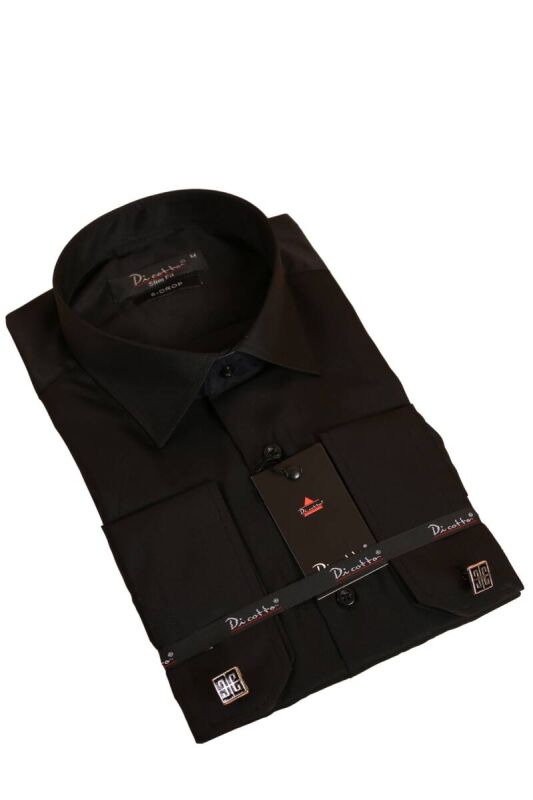 Siyah 8 Drop Ekstra Uzun Kol Dar Kesim Micro Kumaş Kol Düğmeli Slim Fit Erkek Gömlek - 197-6 - 1