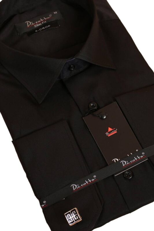 Siyah 8 Drop Ekstra Uzun Kol Dar Kesim Micro Kumaş Kol Düğmeli Slim Fit Erkek Gömlek - 197-6 - 2
