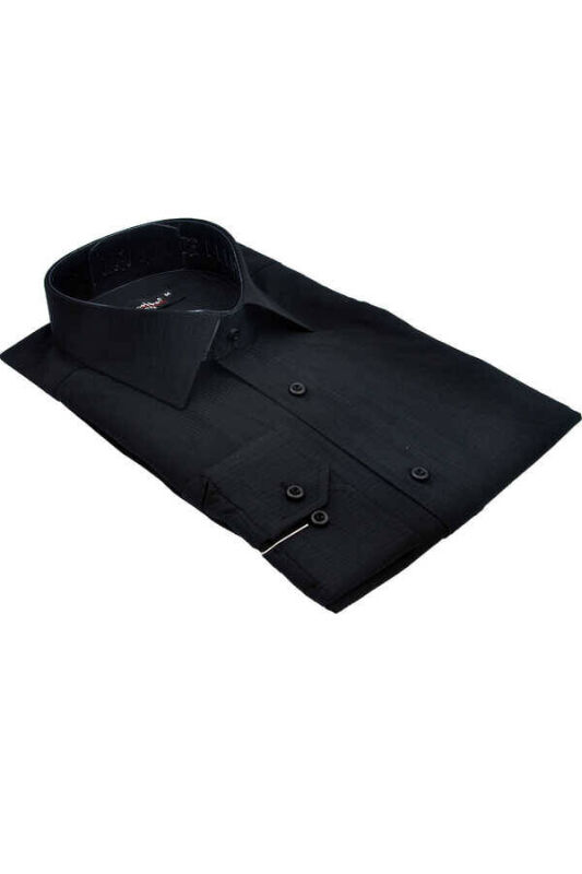 Siyah Armür Desenli Slim Fit Düz Renk Uzun Kol Erkek Gömlek - 256-6 - 2