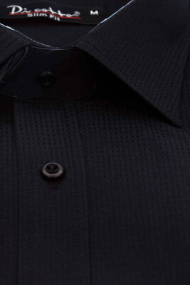 Siyah Armür Desenli Slim Fit Düz Renk Uzun Kol Erkek Gömlek - 256-6 - 3