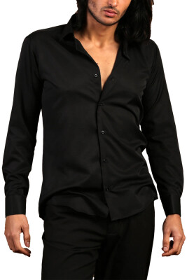 Siyah Dar Kesim Micro Kumaş Kol Düğmeli Slim Fit Erkek Gömlek - 201-6 - 2