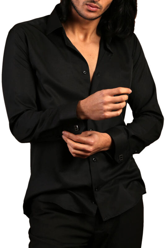 Siyah Dar Kesim Micro Kumaş Kol Düğmeli Slim Fit Erkek Gömlek - 201-6 - 3