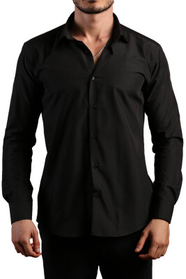 Siyah Dar Kesim Slim Fit Uzun Kol Düz Renk Erkek Gömlek - 151-20 - 1