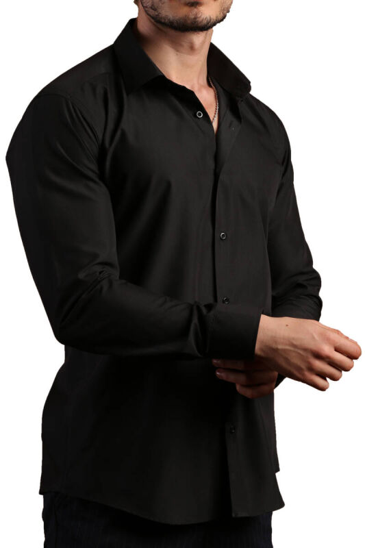 Siyah Dar Kesim Slim Fit Uzun Kol Düz Renk Erkek Gömlek - 151-20 - 3