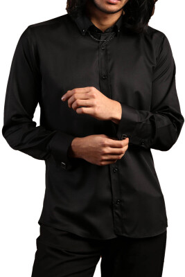 Siyah Düğmeli Yaka ve Zincirli Uzun Kol Dar Kesim Micro Kumaş Kol Düğmeli Slim Fit Erkek Gömlek - 198-6 