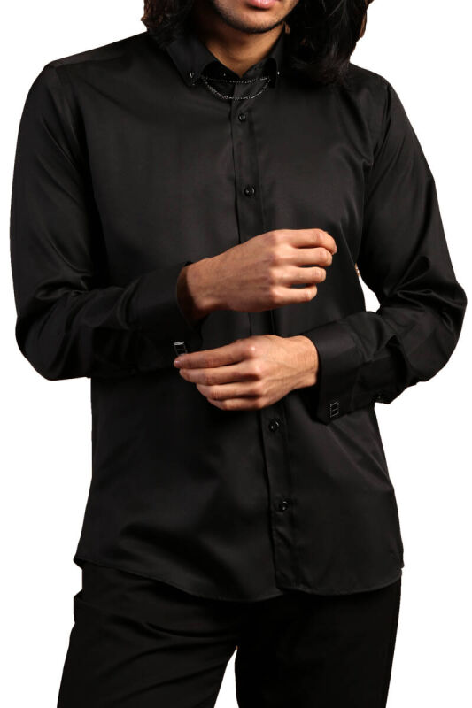 Siyah Düğmeli Yaka ve Zincirli Uzun Kol Dar Kesim Micro Kumaş Kol Düğmeli Slim Fit Erkek Gömlek - 198-6 - 3