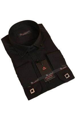 Siyah Düğmeli Yaka ve Zincirli Uzun Kol Dar Kesim Micro Kumaş Kol Düğmeli Slim Fit Erkek Gömlek - 198-6 