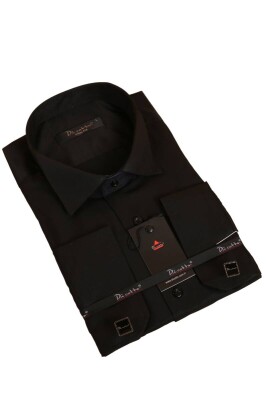 Siyah Düz Damatlık Ata Yaka Kol Düğmeli Slim Fit Smokin Gömlek - 010 - 1
