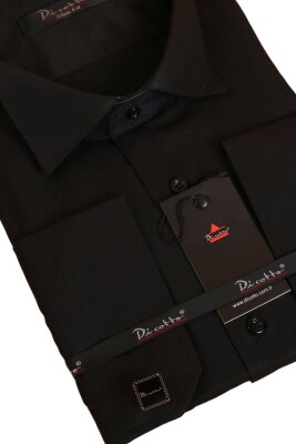 Siyah Düz Damatlık Ata Yaka Kol Düğmeli Slim Fit Smokin Gömlek - 010 - 2