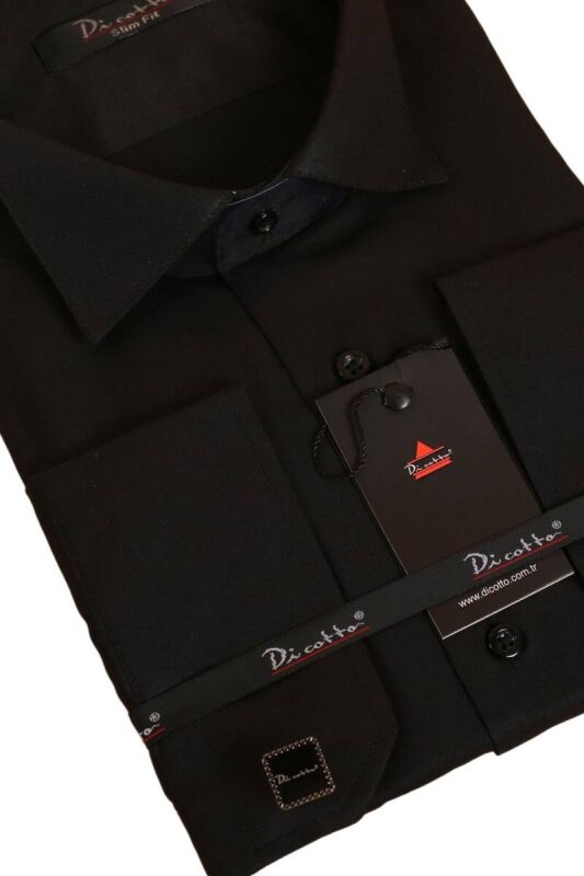 Siyah Düz Damatlık Ata Yaka Kol Düğmeli Slim Fit Smokin Gömlek - 010 - 2