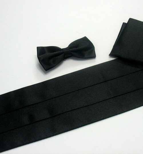 Siyah Düz Renk Damatlık Kuşak Papyon Mendil Saten Takım Set - KP-08 - 1