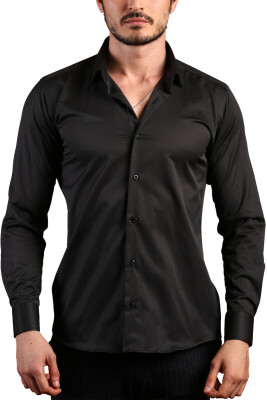 Siyah Ekstra Dar Kesim Likralı Esnek Micro Kumaş Kol Düğmeli Slim Fit Erkek Gömlek - 195-6 - 1