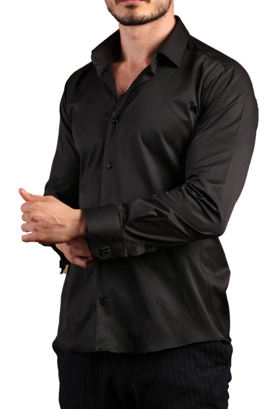 Siyah Ekstra Dar Kesim Likralı Esnek Micro Kumaş Kol Düğmeli Slim Fit Erkek Gömlek - 195-6 - 2