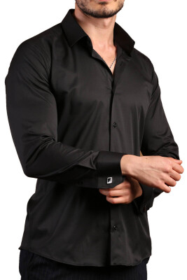 Siyah Ekstra Dar Kesim Likralı Esnek Micro Kumaş Kol Düğmeli Slim Fit Erkek Gömlek - 195-6 - 3