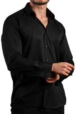 Siyah Rahat Kesim Micro Kumaş Kol Düğmeli Regular Fit Erkek Gömlek - 190-6 - 1
