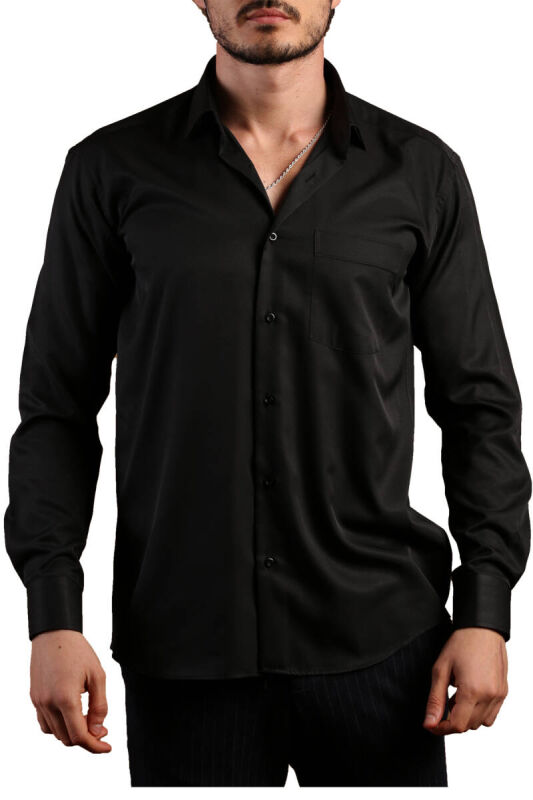 Siyah Rahat Kesim Micro Kumaş Kol Düğmeli Regular Fit Erkek Gömlek - 190-6 - 2