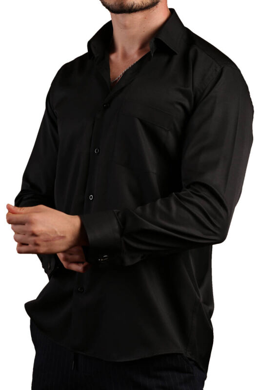 Siyah Rahat Kesim Micro Kumaş Kol Düğmeli Regular Fit Erkek Gömlek - 190-6 - 3